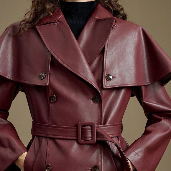 Burgundy Preppy Women's Detachable Shawl Coat with Chic Lapel & Cape - Picture 5 of 8